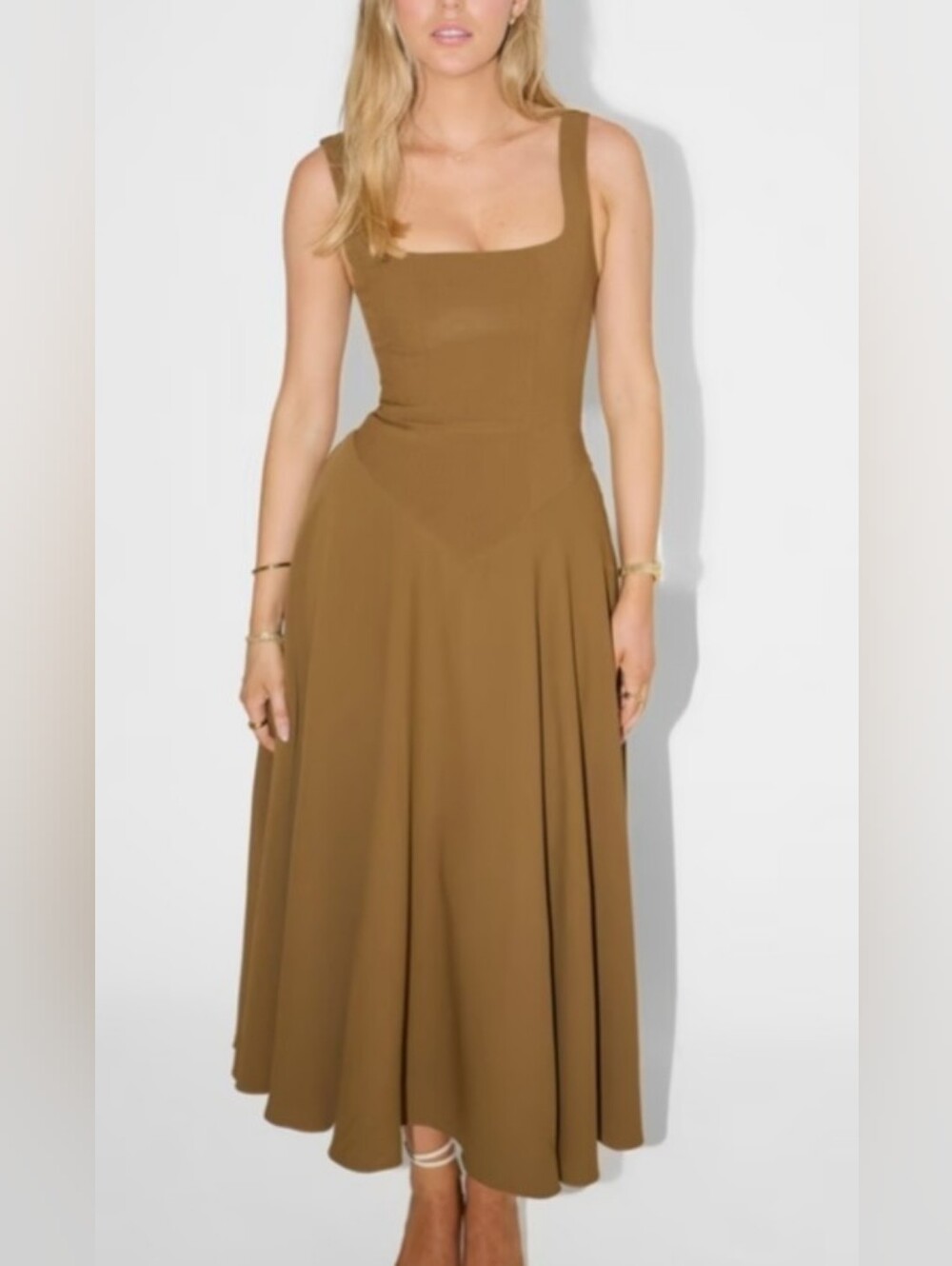 Sleeveless Square-Neck Midi Dress in Olive